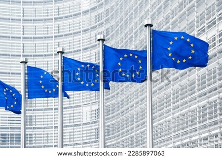 EU flags in front of European Commission in Brussels Royalty-Free Stock Photo #2285897063