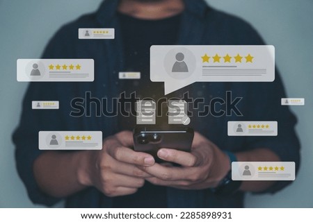 Customer review good rating concept, Popup feedback review and five star icon on visual screen for positive customer feedback, testimonial and testimony, user comment and feedback for review.