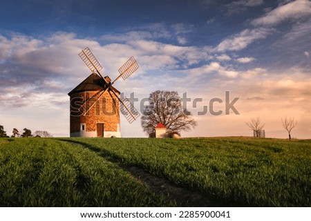 Beautiful old windmill in Chvalkovice - Czech Republic. Europe. Royalty-Free Stock Photo #2285900041