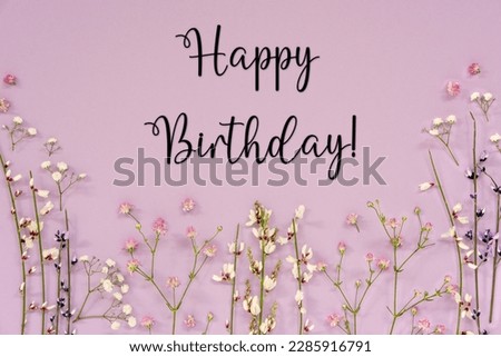 Purple Spring Flower Arrangement, English Text Happy Birthday