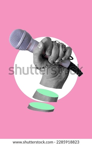 Collage art, the hand with the microphone on pink background. Modern collage, journalism development concept, daily news.
