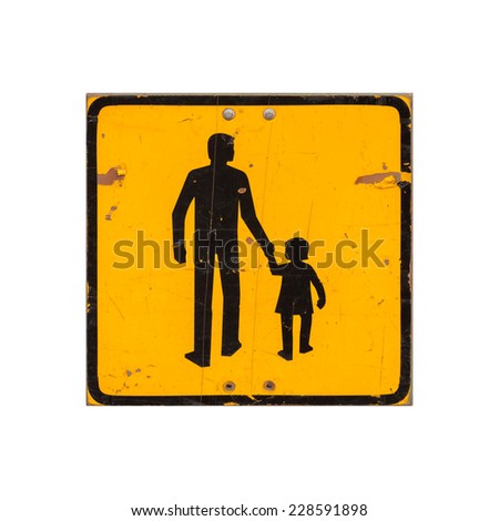 Yellow square children warning road sign isolated on white background