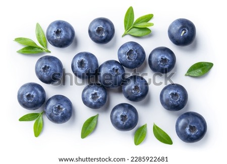 Blueberry isolated. Blueberries top view. Blueberry with leaves flat lay on white background with clipping path. Royalty-Free Stock Photo #2285922681