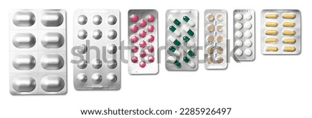 Medical drugs and pills in silver shiny package isolated on white background Royalty-Free Stock Photo #2285926497