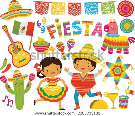 Mexican party clipart set with fiesta and Cinco de Mayo elements and kids in traditional clothes.
