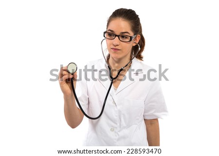Woman with lab coat and stethoscope