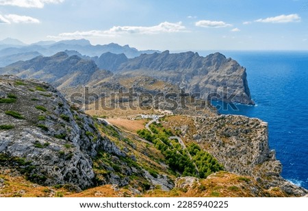 Tramuntana mountains (Serra de Tramuntana) in west of Mallorca seen from Formentor cape, Balearic islands, Spain Royalty-Free Stock Photo #2285940225