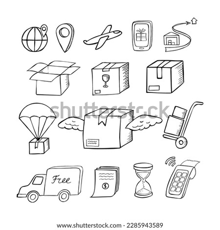 Set of hand-drawn delivery icons. Contains Icons: box, cart, time, online checkout, map, package, delivery truck.