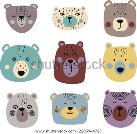Set of cute  bears or kids and baby t-shirts and wear, posters and greeting cards. Bear faces with different emotions 