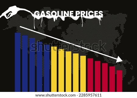 Decreasing of gasoline price in Romania change and volatility in fuel prices, bar chart graph, dropping values, Romania flag on bar graph, down arrow on data, news banner idea