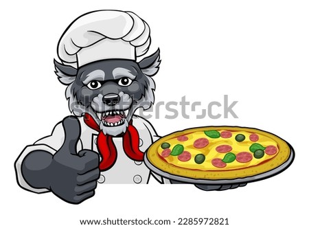 A wolf chef mascot cartoon character holding a pizza peeking round a sign and giving a thumbs up