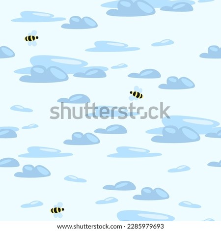 Vector seamless texture on a light blue isolated background with clouds and bees