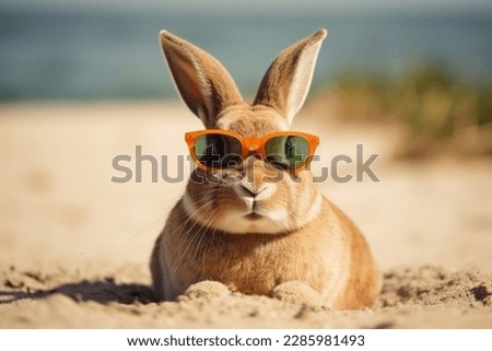 Rabbit in glasses at the beach in sunny weather resting on warm sand