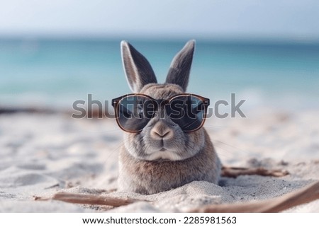 Rabbit in glasses at the beach in sunny weather resting on warm sand