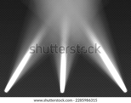 Three white searchlights in the air. Cone lights from bottom with darkened edges. Volumetric spotlight effect on dark background. Empty studio or concert scene. 3d rendering. Royalty-Free Stock Photo #2285986315