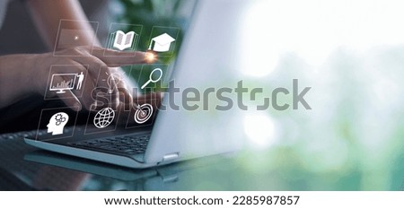 E-learning education, internet lessons and online webinar. Person who attends online lessons on a digital screen.Education internet Technology. Royalty-Free Stock Photo #2285987857