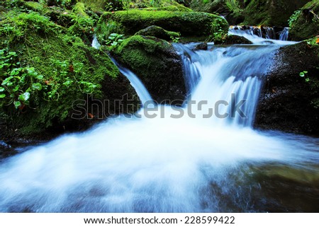 Waterfall - cascade in the autumn forest with flowing water 