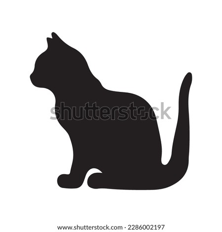 Black silhouette of cat sitting sideways isolated on white background. Vector illustration, icon, clip art 