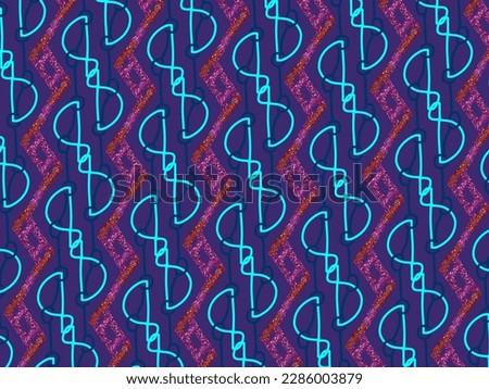 A hand drawing pattern made of glittery pink and turquoise neon on a dark purple background