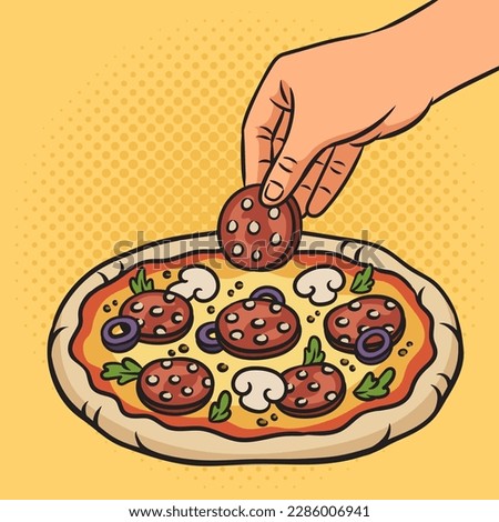 pepperoni pizza cooking pinup pop art retro vector illustration. Comic book style imitation.