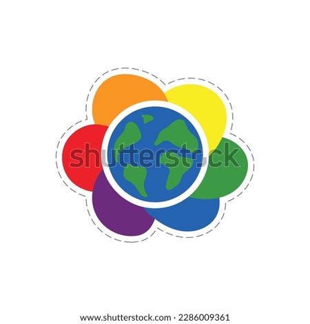 LGBTQ worldwide community concept. Pride flag colors flower and globe sticker clip art illustration isolated on white background 
