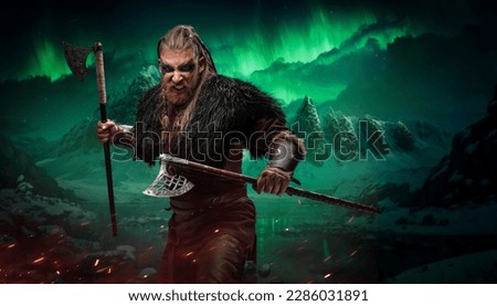 Portrait of violent nordic warrior dressed in leather armor and fur in norse. Royalty-Free Stock Photo #2286031891