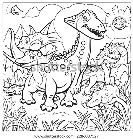 Dinosaurs,Black and white coloring pages for kids, simple lines, cartoon style, happy, cute, funny, many things in the world.