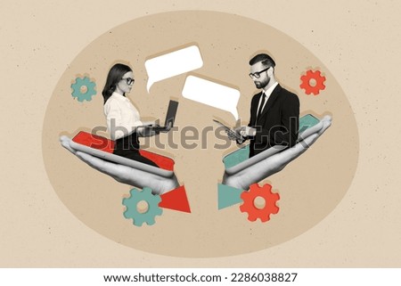 Collage portrait of black white colors arms hold smart phone display two mini businesspeople use netbook tablet chatting dialogue bubble cogwheel
