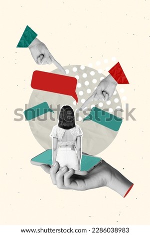 Vertical collage picture of black white colors arms fingers point mini girl smart phone screen dialogue bubble isolated on drawing background Royalty-Free Stock Photo #2286038983