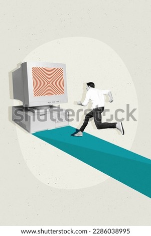Vertical collage image of mini black white effect guy running towards hypnotic big pc screen isolated on painted background Royalty-Free Stock Photo #2286038995