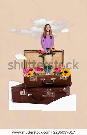 Banner creative picture collage of teenager girl open suitcase with floral garden flowers assortment