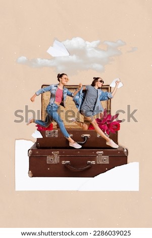 Weird unusual artwork collage of two people run fast for spring time vacation voyage prepare vintage baggage