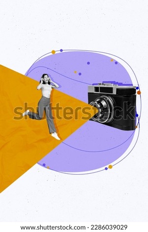 Creative picture template collage of young funky lady listen melody using headset filming for blog post with photo camera