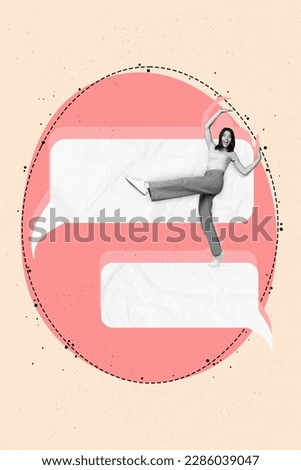 Creative image collage of little young lady standing on text box blogging internet interaction social network