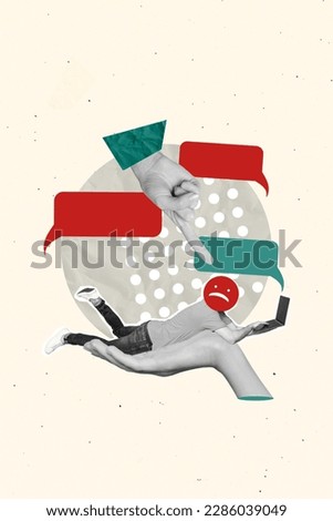 Artwork poster cyberbullying collage concept headless man sad emoji icon mocking online messenger bad mood isolated on beige background Royalty-Free Stock Photo #2286039049