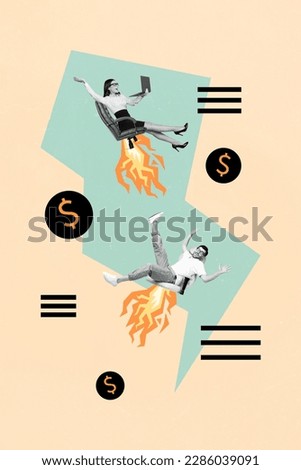 Vertical creative sketch photo collage of positive happy people guy girl flying in armchairs at work isolated on drawing background