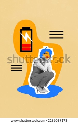 Vertical collage picture of unsatisfied moody black white colors girl low battery energy charge isolated on beige background