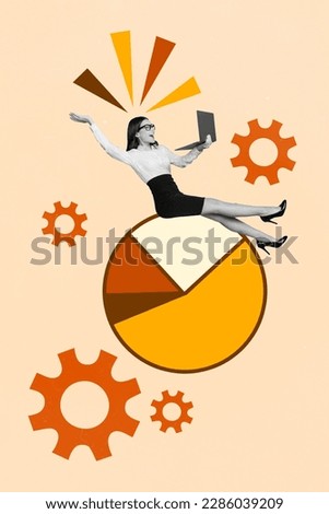 Vertical artwork collage of excited business lady read stuff report diagram stats investment income money picture background