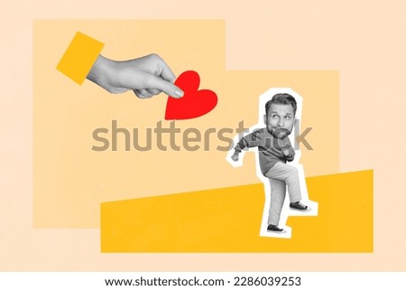 Creative artwork collage of boyfriend guy reject girlfriend heart shape surprise split up relationship concept