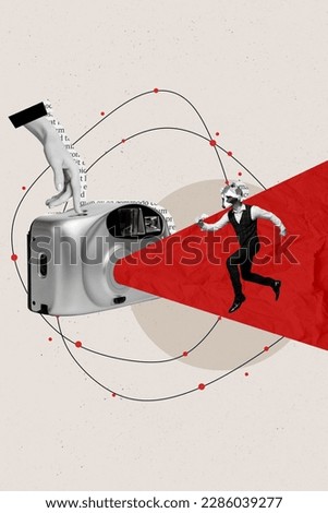 Creative template collage of person with huge vintage photo camera photographing running away freak guy with raccoon face