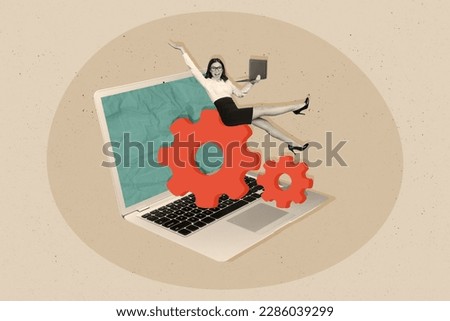 Creative poster banner collage of young business lady working of mechanical security data project structure cog wheels Royalty-Free Stock Photo #2286039299