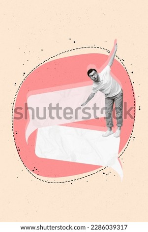 Creative poster banner collage of young guy worker falling down from speech bubble talking coworking with partners
