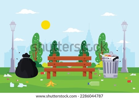 Garbage in dirty city park. Plastic and glass bottles, metal cans, paper, garbage bag on green grass. Flat design vector illustration. Stock illustration. Royalty-Free Stock Photo #2286044787