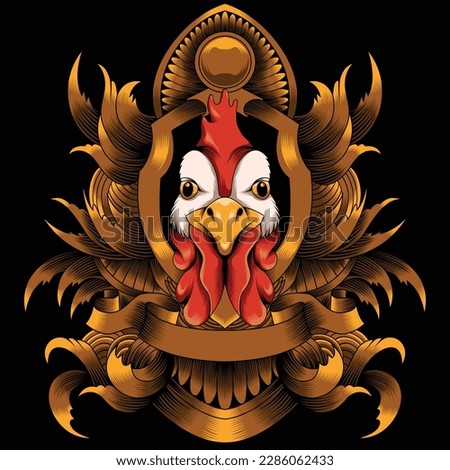 rooster head illustration with baroque ornament