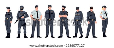 Police officers. Cartoon policeman policewoman characters, flat cops team in uniform, guard and security enforcement concept. Vector isolated set of officer character policewoman illustration Royalty-Free Stock Photo #2286077127