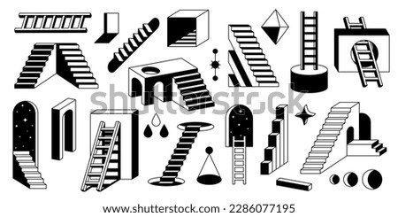 Surreal ladders. Abstract geometric elements of modern stairs, retro black monochrome stairs with geometric shapes. Vector isolated set of geometric ladder and stairs illustration Royalty-Free Stock Photo #2286077195