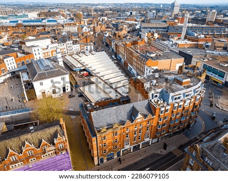 Aerial view of Leicester, a city in England’s East Midlands region, UK