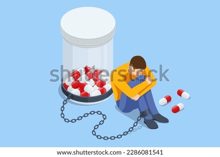 Isometric concept of dependence on pills, drugs, antidepressants. Healthcare and medical, addiction recovery. Concept for prescription drug abuse Royalty-Free Stock Photo #2286081541