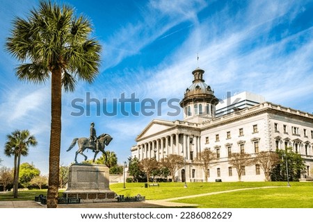 South Carolina State House, in Columbia, SC, and Wade Hampton III Statue on a sunny morning. The South Carolina State House is the building housing the government of the U.S. state of South Carolina Royalty-Free Stock Photo #2286082629