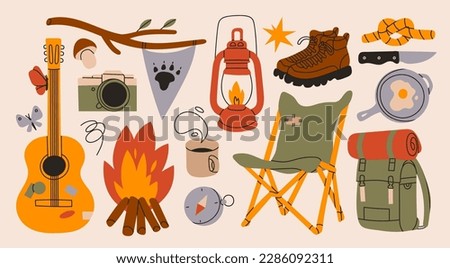 Camping, Hiking set. Campfire, guitar, camera, chair, backpack, boots, knife, knot, mug, lantern, compass. Hand drawn Vector illustration. Isolated design elements. Trekking, travel, tourism concept